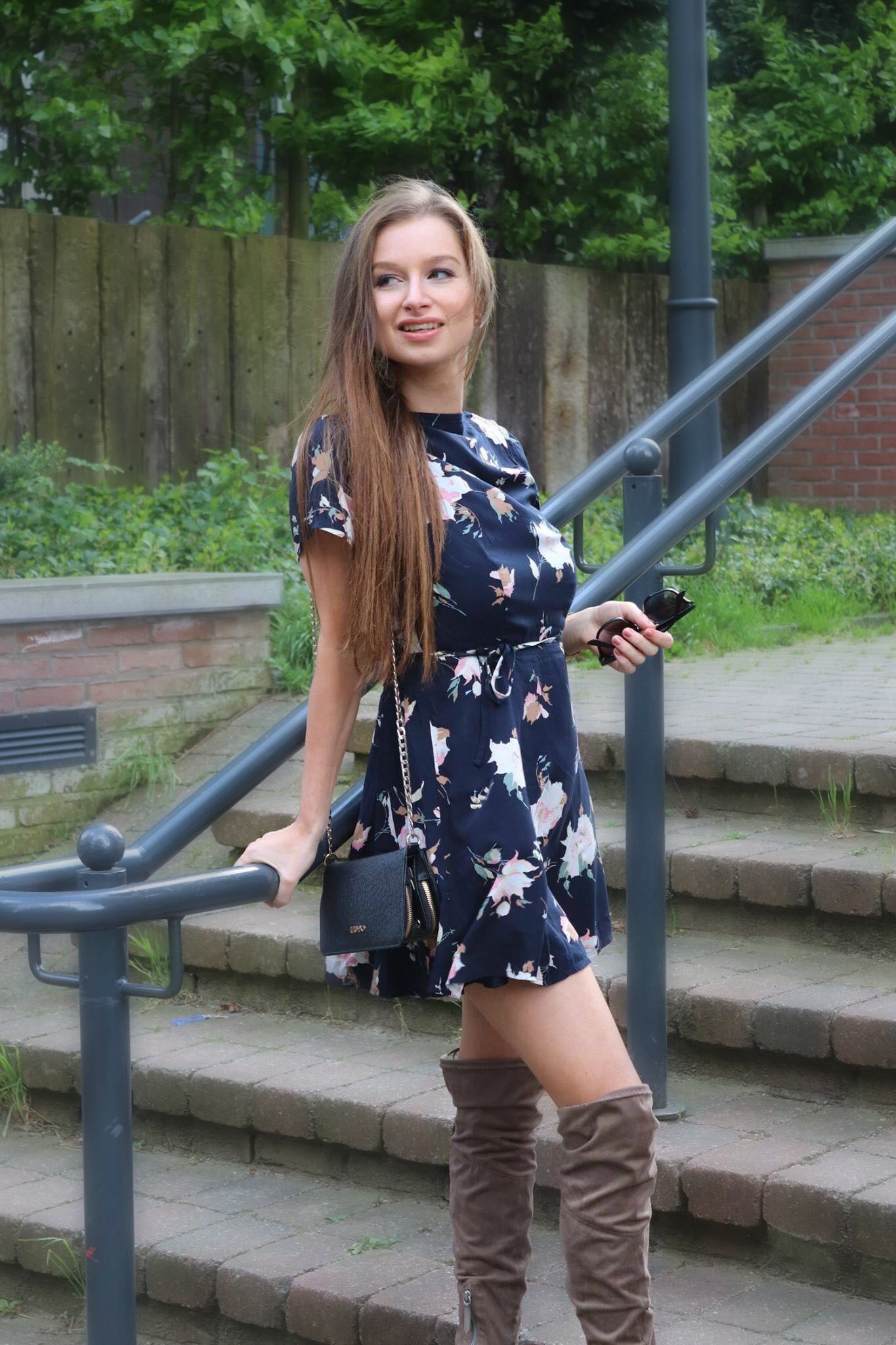 Abercrombie floral dress with over the knee boots