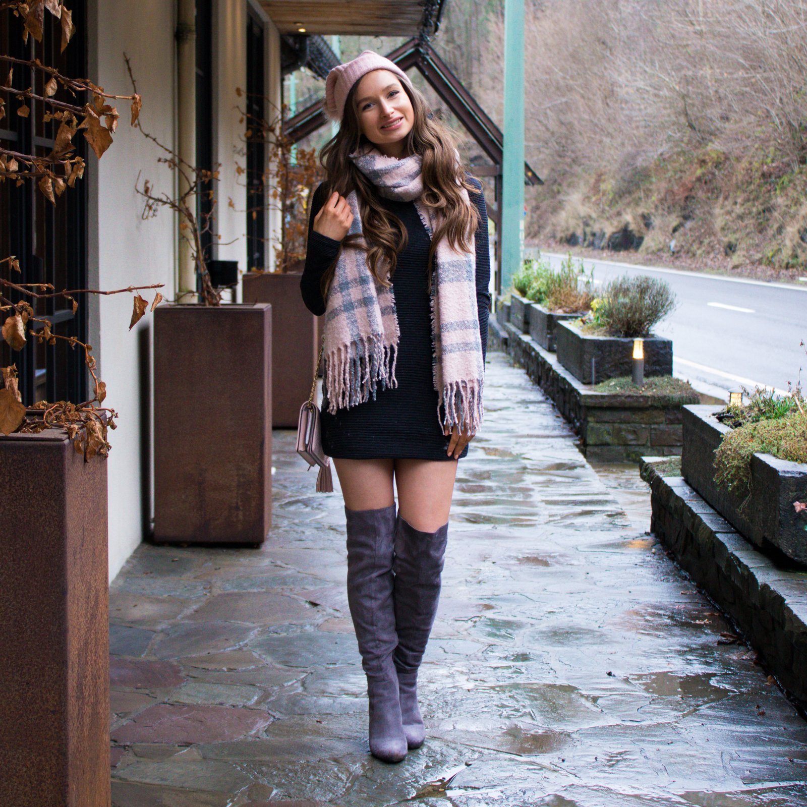 over the knee boots and sweater dress outfit
